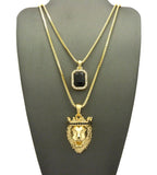 Black Stone Crown King Lion & Gemstone Pendant Set w/ Chain Necklace