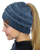 C.C BeanieTail Soft Stretch Cable Knit Messy High Bun Ponytail Beanie Hat