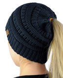 C.C BeanieTail Soft Stretch Cable Knit Messy High Bun Ponytail Beanie Hat
