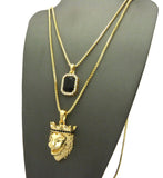 Black Stone Crown King Lion & Gemstone Pendant Set w/ Chain Necklace