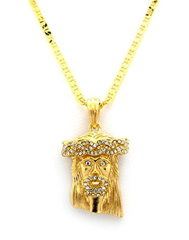 Paved Crowned Jesus Micro Pendant w/ 24" Mariner Chain - Gold Tone MMP5GGC