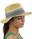 C.C Women's Paper Woven Panama Sun Beach Hat with Striped Band, Natural
