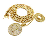 Hip Hop Rapper's Style Iced Out Cuban Chain & Stone Stud QC pendant with Box Chain Necklace Set