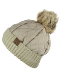 C.C Soft Quilted Puffer Detachable Faux Fur Pom Inner Lined Cuff Beanie Hat