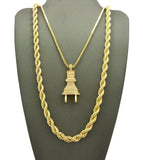 Power Plug Pendant w/ 2mm 24" Box Chain & 6mm 30" Rope Chain Necklace in Gold-Tone