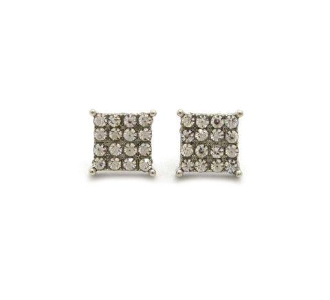 4 Stone Row Concave Square Shape Stud Pierced Earrings, Silver-Tone