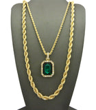 Colored Gemstone Pendant with 3mm 24" Rope Chain and 6mm 30" Rope Chain Necklace in Gold-Tone