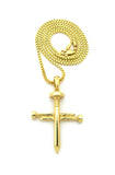 Simple Studded Reversible 3 Cross Nail Pendant w/ 2mm 24" Box Chain Necklace in Gold-Tone