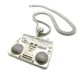 Celebrity Style Shiny Silver-Tone Boombox Pendant w/4mm 36" Franco Chain Necklace XP889R