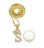 Unisex Stone Stud Tilted Crown Letter Initial Micro Pendant 2mm Box Chain Necklace, 20", S