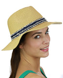 C.C Women's Paper Woven Panama Sun Beach Hat with Navy Fuzzy Band, Natural