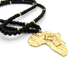 Power Fist on Africa Pendant w/6mm 30" Black Wood Bead Color Disc Necklace, Gold-Tone