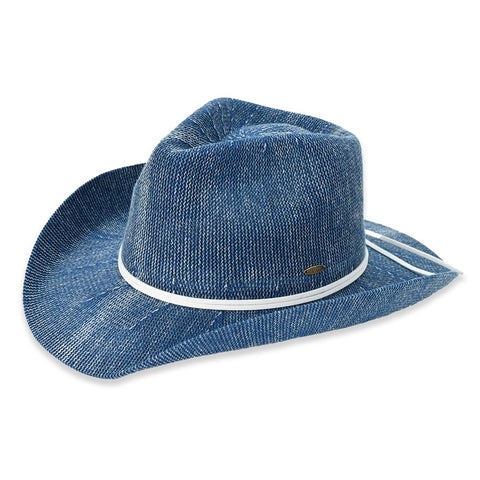 C.C Washed Knitted Denim Cowboy Hat with Suede Strings for Women