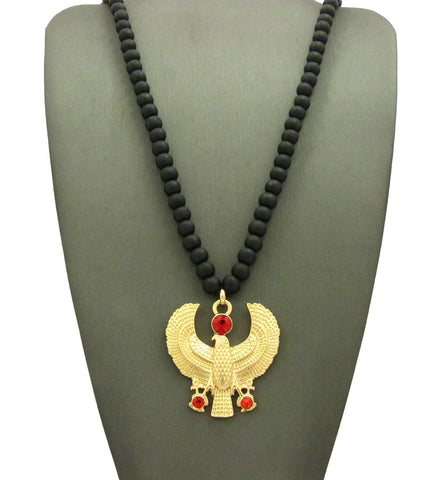 Ruby Red Round Gemstone Horus Falcon Pendant w/ 6mm 30" Wood Bead Necklace