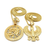Polished Horus Falcon & Eye of Horus Stone Stud Medal Pendant Set 2mm Box Chain Necklaces in Gold-Tone