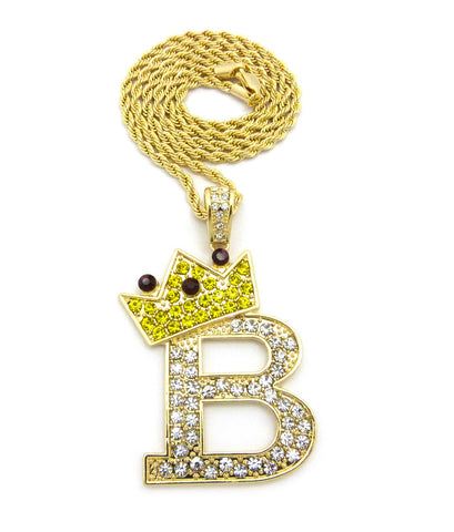 Stone Stud Large Titled Crown Initial B Pendant  Necklace, Gold-Tone