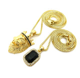 Black Stone Crown King Lion & Gemstone Pendant Set w/ Chain Necklace
