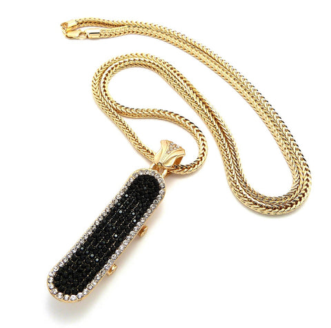 Iced Out Skateboard Pendant 4mm 36" Franco Chain Necklace in Black/Gold-Tone