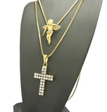 Floating Angel & 2 Row Stone Cross Pendant Set w/ 24" & 30" Box Chain Necklaces in Gold-Tone