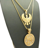 Polished Horus Falcon & Eye of Horus Stone Stud Medal Pendant Set 2mm Box Chain Necklaces in Gold-Tone