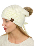 C.C Horizontal Knit Faux Fur Pom Back Drawstring Slouch Beanie Hat