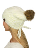 C.C Horizontal Knit Faux Fur Pom Back Drawstring Slouch Beanie Hat