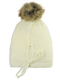 C.C Horizontal Knit Faux Fur Pom Back Drawstring Slouch Beanie Hat