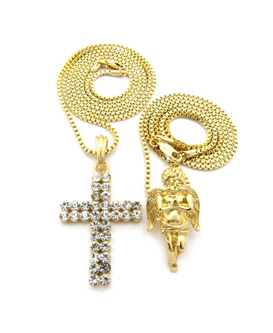 Praying Angel & 2 Row Stone Cross Pendant Set w/ 24" & 30" Box Chain Necklaces in Gold-Tone