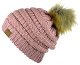 NYFASHION101 Soft Stretch Cable Knit Faux Fur Pom Pom Metal Color Beanie Hat