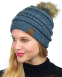 NYFASHION101 Soft Stretch Cable Knit Faux Fur Pom Pom Metal Color Beanie Hat