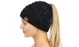 C.C Sparkly Sequin Cable Knit Messy High Bun Ponytail Beanie