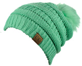 NYFASHION101 Soft Stretch Cable Knit Faux Fur Pom Pom Beanie Hat