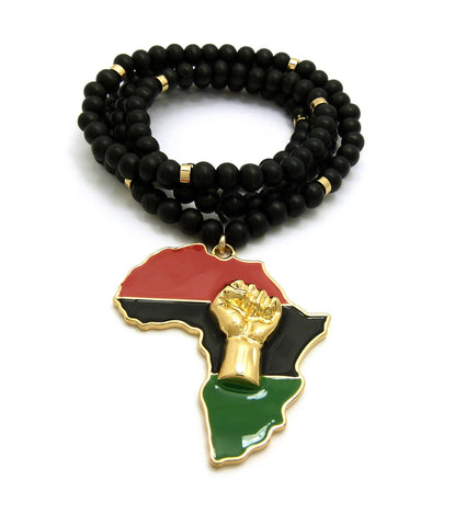 Power Fist on Pan Africa Continent Pendant with 8mm 36" Black Wooden Bead & Metal Disc Necklace