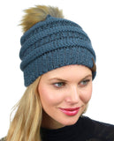 NYFASHION101 Soft Stretch Cable Knit Faux Fur Pom Pom Metal Color Beanie Hat