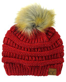 NYFASHION101 Soft Stretch Cable Knit Faux Fur Pom Pom Metal Color Beanie Hat