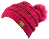 NYFASHION101 Soft Stretch Cable Knit Faux Fur Pom Pom Beanie Hat