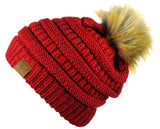 NYFASHION101 Soft Stretch Cable Knit Faux Fur Pom Pom Metal Color Beanie Hat