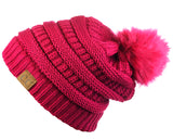 NYFASHION101 Soft Stretch Cable Knit Faux Fur Pom Pom Beanie Hat