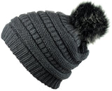 NYFASHION101 Soft Stretch Cable Knit Faux Fur Pom Pom Beanie Hat