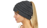 C.C Sparkly Sequin Cable Knit Messy High Bun Ponytail Beanie