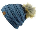 NYFASHION101 Soft Stretch Cable Knit Faux Fur Pom Pom Metal Color Beanie Hat