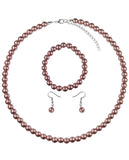 Women's 7mm Simulated Pearl Necklace with Stretch Bracelet and Ball Earrings