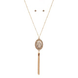 Women's Stud Border Oval Stone Pendant Necklace and Earrings Set