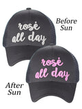 C.C Ponycap Color Changing Embroidered Quote Adjustable Trucker Baseball Cap, Rosé All Day, Navy