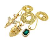 Faux Emerald Stone, Halo Angel & King Lion Pendant Set w/ Multi Length Box Chains in Gold-Tone