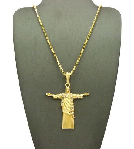 Stone Stud Vestment Christ the Redeemer Pendant w/ Chain Necklace