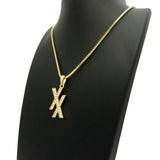 Stone Stud Double X Pendant w/ 2mm 24" Box Chain Necklace