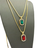 Micro Faux Ruby & Faux Emerald Stone Pendant Set 2mm 24" & 30" Box Chain Necklace in Gold-Tone