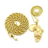 Roaring Lion on Africa Pendant w/ 2mm 24" Box Chain & 6mm 30" Rope Chain Necklace in Gold-Tone