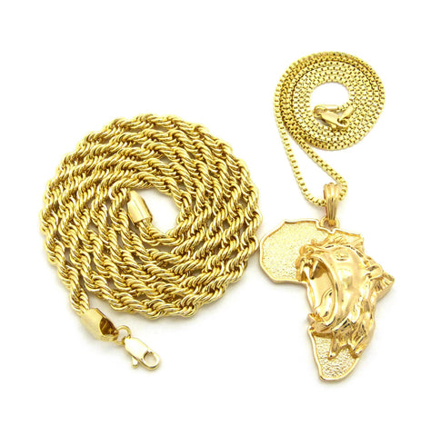 Roaring Lion on Africa Pendant w/ 2mm 24" Box Chain & 6mm 30" Rope Chain Necklace in Gold-Tone